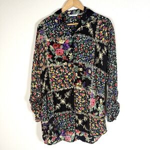 Patchwork Embroidered Button Up Tunic Top Women Medium Vintage 90s Colorful Boho